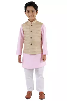 Boys' Beige, Pink And White Jacket, Kurta And Pyjama Set