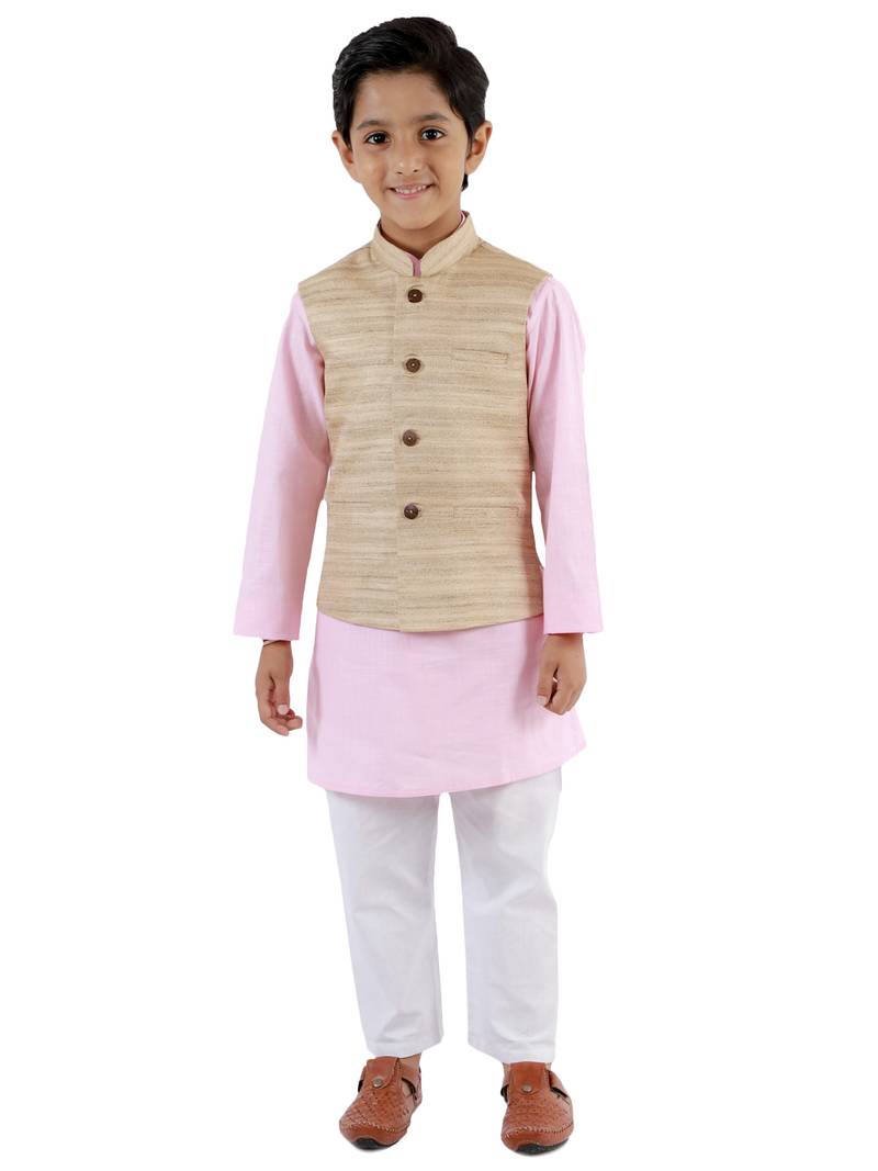 Boys' Beige, Pink And White Jacket, Kurta And Pyjama Set