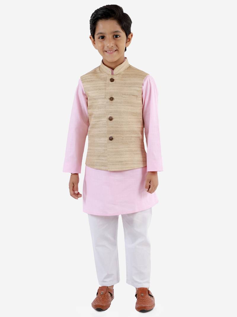 Boys' Beige, Pink And White Jacket, Kurta And Pyjama Set