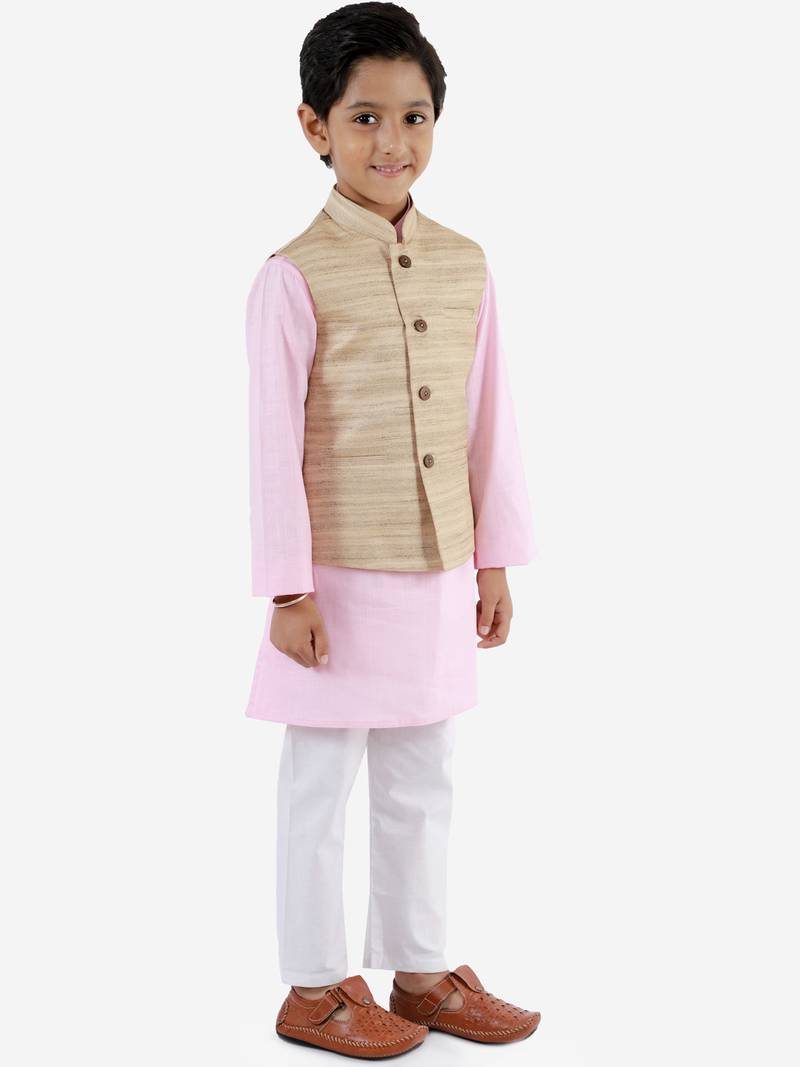 Boys' Beige, Pink And White Jacket, Kurta And Pyjama Set
