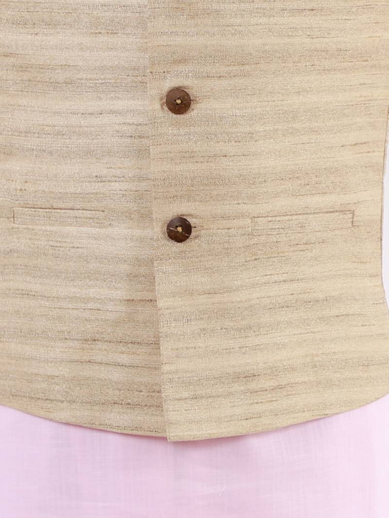 Boys' Beige, Pink And White Jacket, Kurta And Pyjama Set