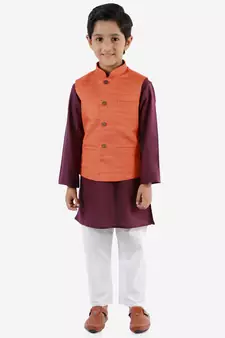  Orange, Purple And White Jacket, Kurta And Pyjama Set