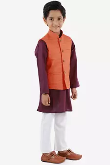  Orange, Purple And White Jacket, Kurta And Pyjama Set