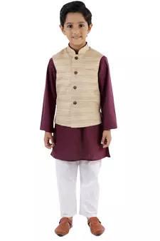 Boys' Beige, Purple And White Jacket, Kurta And Pyjama Set