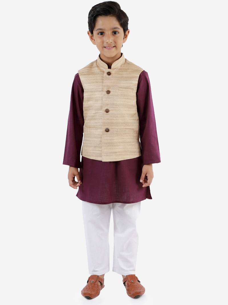 Boys' Beige, Purple And White Jacket, Kurta And Pyjama Set