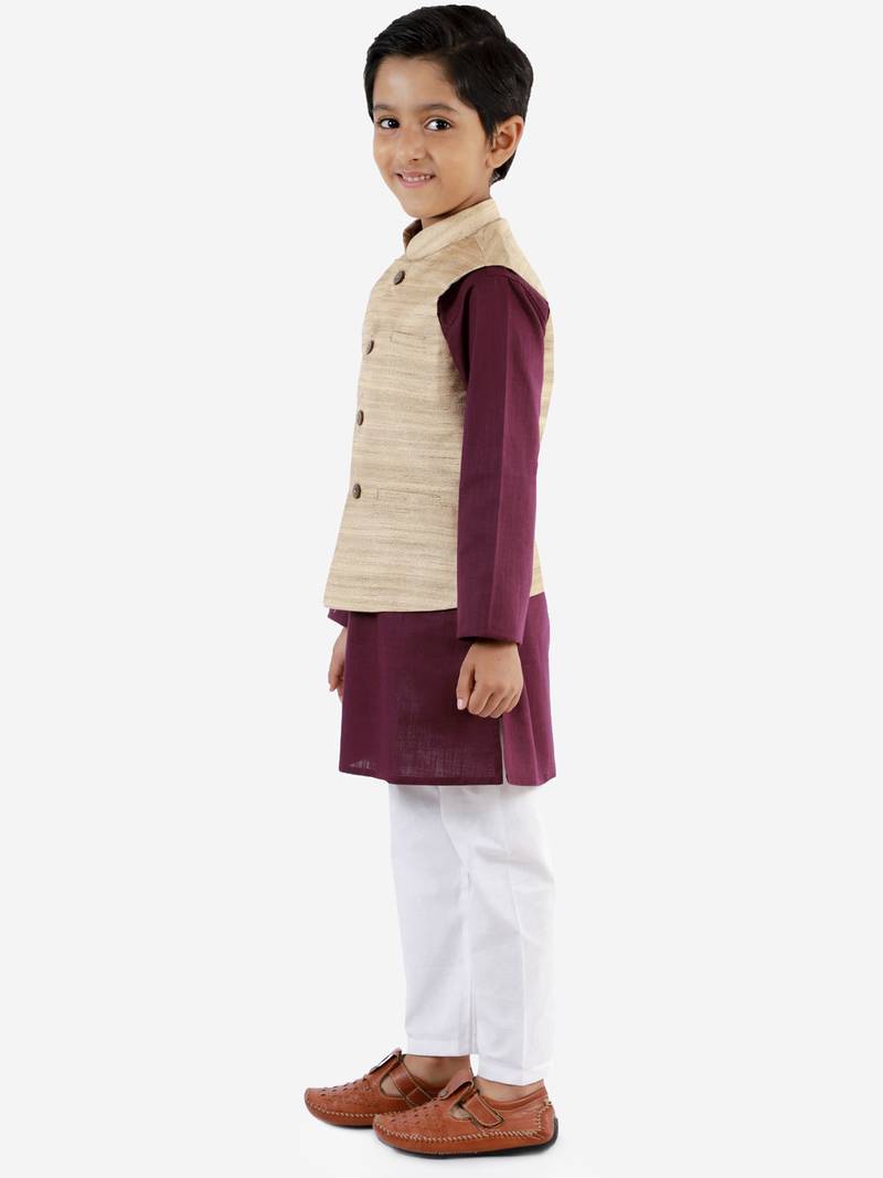 Boys' Beige, Purple And White Jacket, Kurta And Pyjama Set
