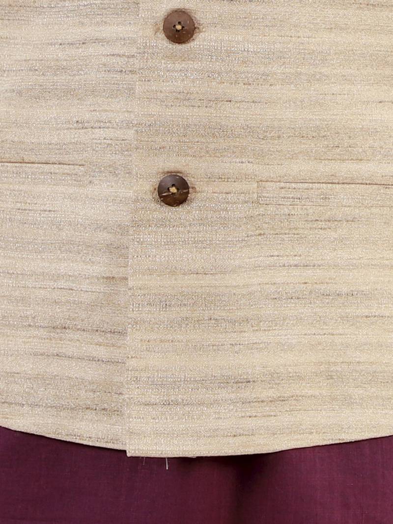 Boys' Beige, Purple And White Jacket, Kurta And Pyjama Set