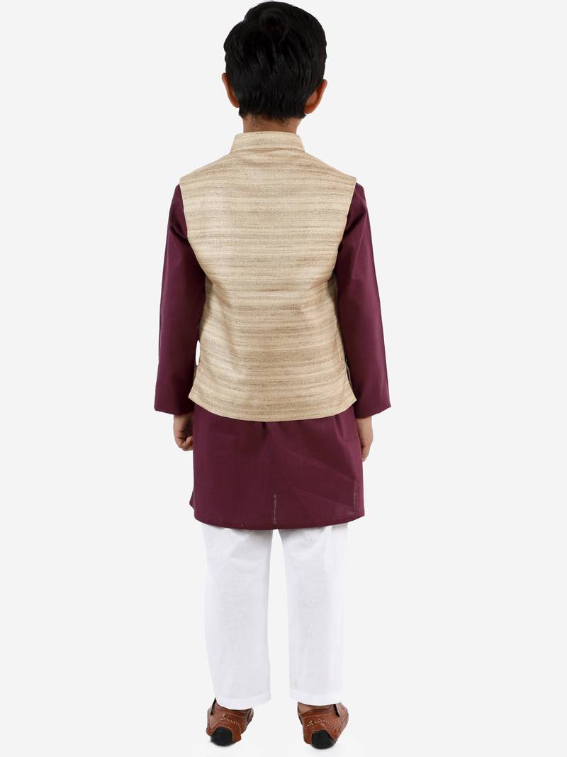 Boys' Beige, Purple And White Jacket, Kurta And Pyjama Set