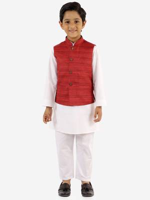 Maroon And White Jacket, Kurta and Pyjama Set 2