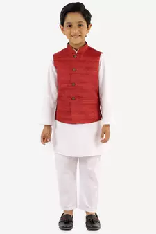 Maroon And White Jacket, Kurta and Pyjama Set