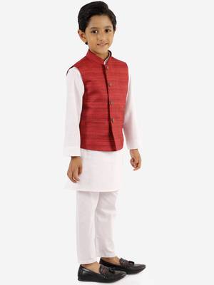 Maroon And White Jacket, Kurta and Pyjama Set 3