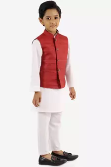 Maroon And White Jacket, Kurta and Pyjama Set