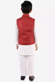 Maroon And White Jacket, Kurta and Pyjama Set