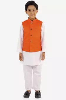 Orange And White Jacket, Kurta and Pyjama Set