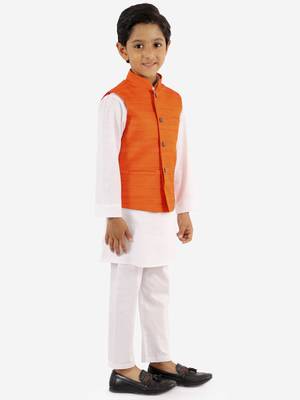 Orange And White Jacket, Kurta and Pyjama Set 3