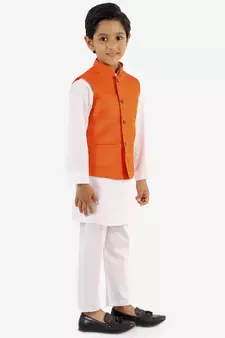 Orange And White Jacket, Kurta and Pyjama Set