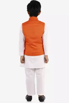 Orange And White Jacket, Kurta and Pyjama Set