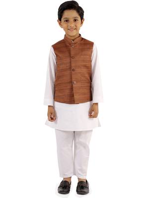  Coffee Brown And White Jacket, Kurta And Pyjama Set 1