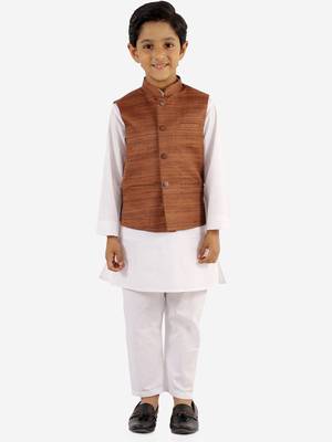  Coffee Brown And White Jacket, Kurta And Pyjama Set 2