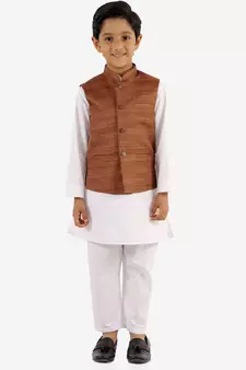  Coffee Brown And White Jacket, Kurta And Pyjama Set