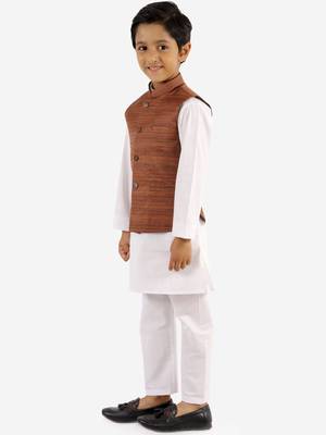  Coffee Brown And White Jacket, Kurta And Pyjama Set 3