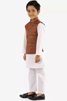  Coffee Brown And White Jacket, Kurta And Pyjama Set