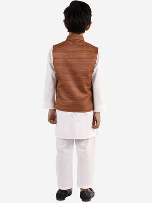  Coffee Brown And White Jacket, Kurta And Pyjama Set 4