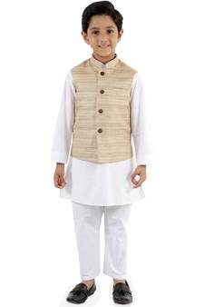 Boys' Beige And White Jacket, Kurta And Pyjama Set