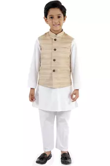 Boys' Beige And White Jacket, Kurta And Pyjama Set