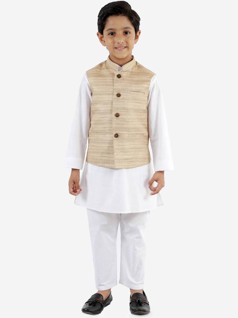 Boys' Beige And White Jacket, Kurta And Pyjama Set