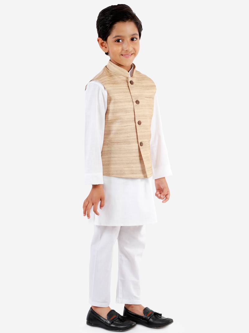 Boys' Beige And White Jacket, Kurta And Pyjama Set