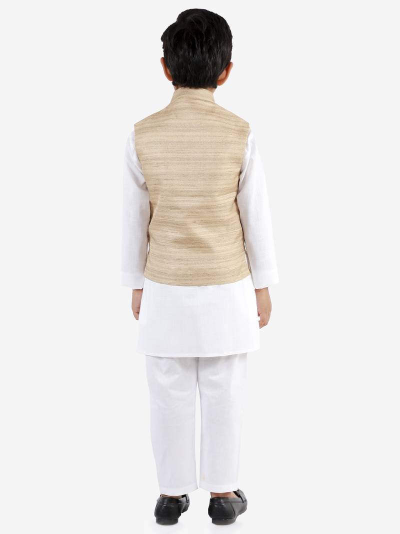 Boys' Beige And White Jacket, Kurta And Pyjama Set