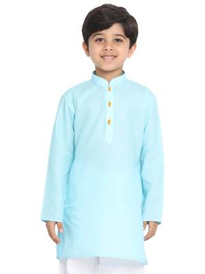 Boys' Solid Cotton Aqua Blue Kurta 1