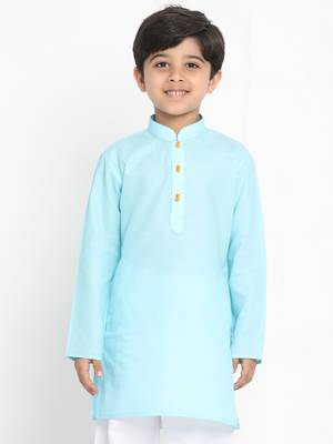 Boys' Solid Cotton Aqua Blue Kurta 2