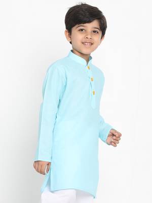 Boys' Solid Cotton Aqua Blue Kurta 3
