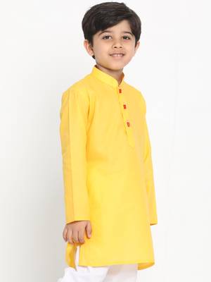 Yellow Plain Blended Cotton Boys-Kurta 3