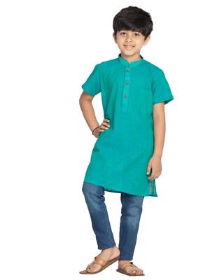 Turquoise plain khadi boys-kurta 1