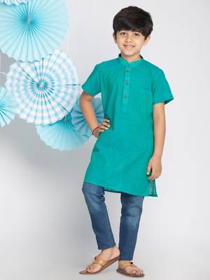 Turquoise plain khadi boys-kurta 2