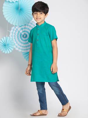 Turquoise plain khadi boys-kurta 3