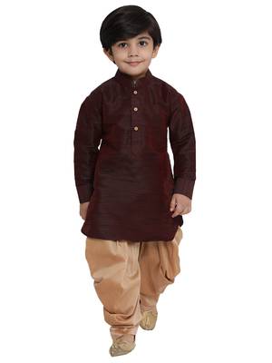 Boys Wine Cotton Silk Blend Kurta And Dhoti Set 1