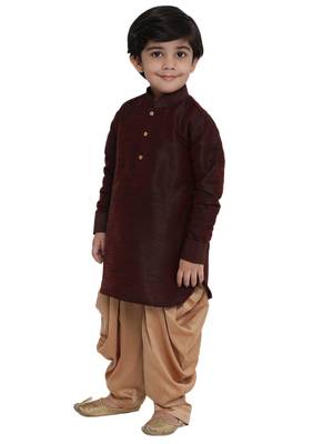 Boys Wine Cotton Silk Blend Kurta And Dhoti Set 3