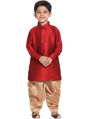 Boys Maroon And Rose Gold Silk Blend Kurta And Dhoti Set 1