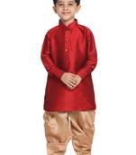 Boys Maroon And Rose Gold Silk Blend Kurta And Dhoti Set