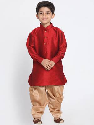 Boys Maroon And Rose Gold Silk Blend Kurta And Dhoti Set 2