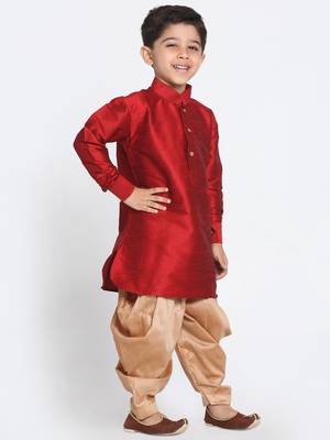 Boys Maroon And Rose Gold Silk Blend Kurta And Dhoti Set 3
