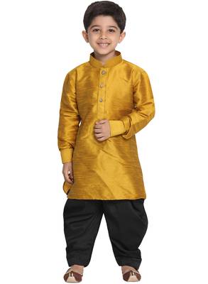 Boys Mustard And Black Silk Blend Kurta And Dhoti Set 1