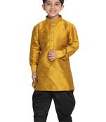 Boys Mustard And Black Silk Blend Kurta And Dhoti Set