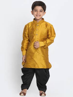 Boys Mustard And Black Silk Blend Kurta And Dhoti Set 2