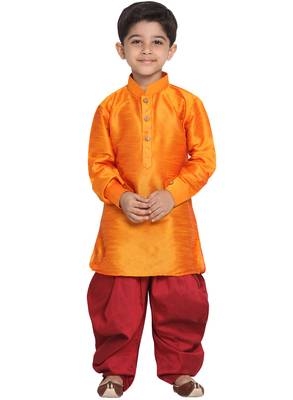 Boys Orange And Maroon Silk Blend Kurta And Dhoti Set 1