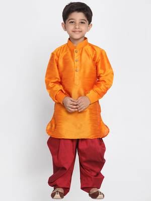 Boys Orange And Maroon Silk Blend Kurta And Dhoti Set 2